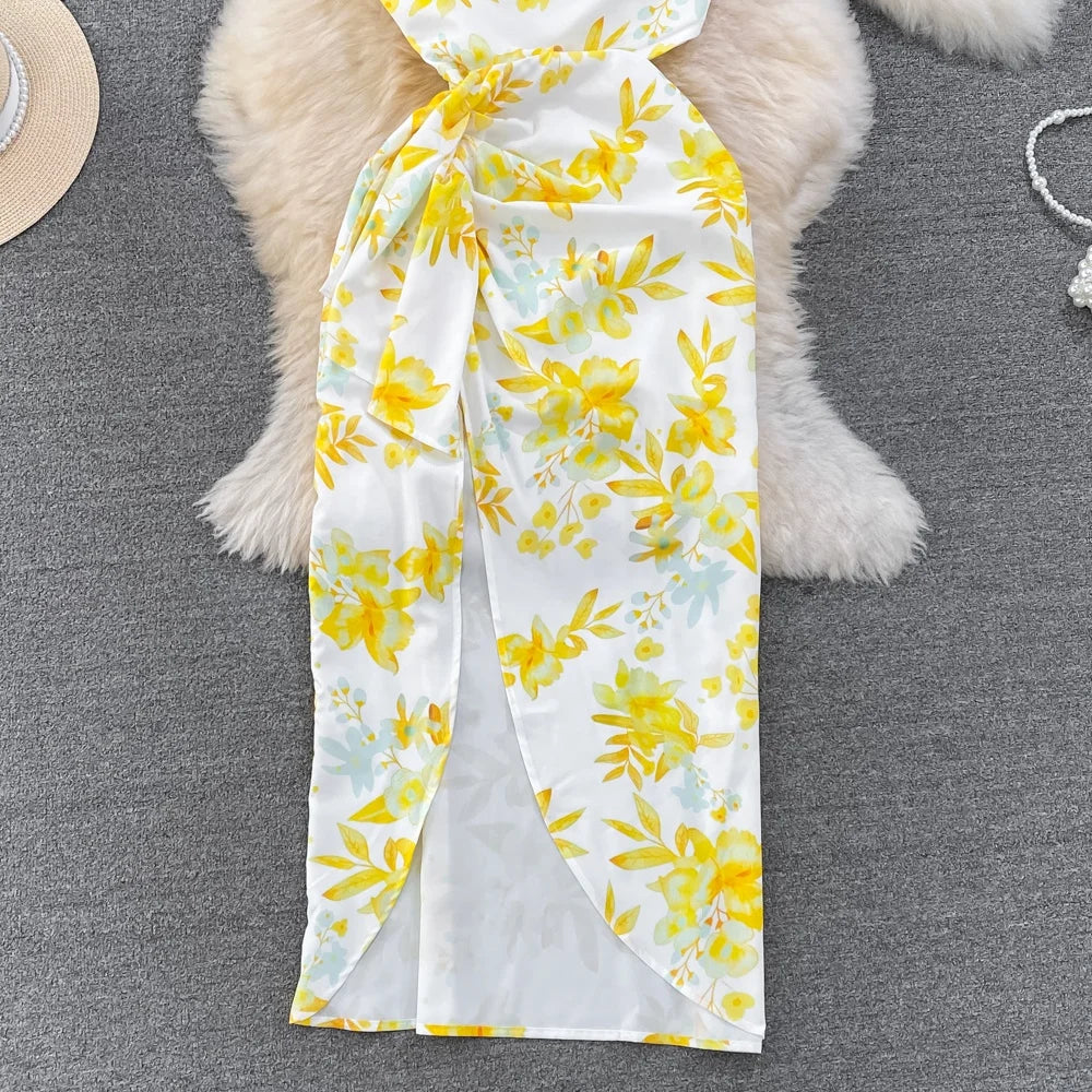 Robe longue asymétrique à fleurs jaunes – élégance ensoleillée