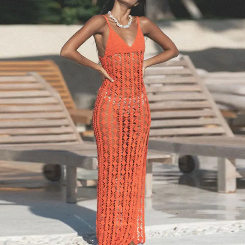Robe longue ajourée en crochet – style plage chic